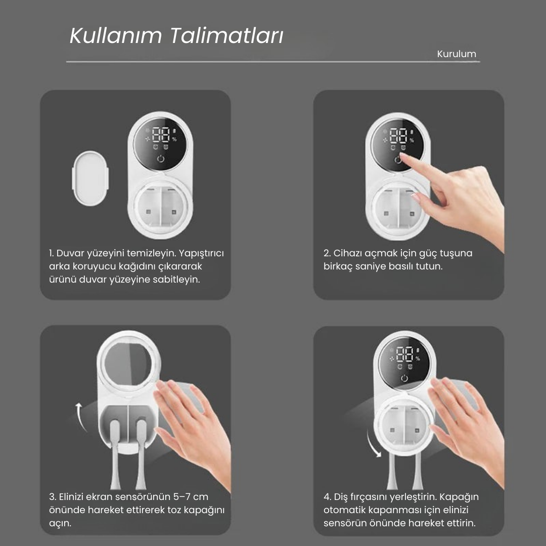 MeySteril™ UV Işıklı Duvara Monte Akıllı Diş Fırçası Sterilizatörü – Dijital Ekranlı ve Şarjlı Hijyen Cihazı