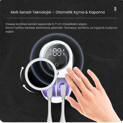 MeySteril™ UV Işıklı Duvara Monte Akıllı Diş Fırçası Sterilizatörü – Dijital Ekranlı ve Şarjlı Hijyen Cihazı