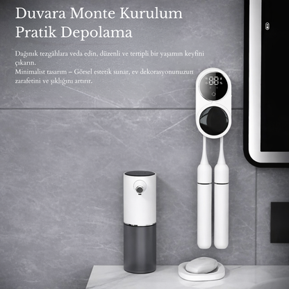 MeySteril™ UV Işıklı Duvara Monte Akıllı Diş Fırçası Sterilizatörü – Dijital Ekranlı ve Şarjlı Hijyen Cihazı