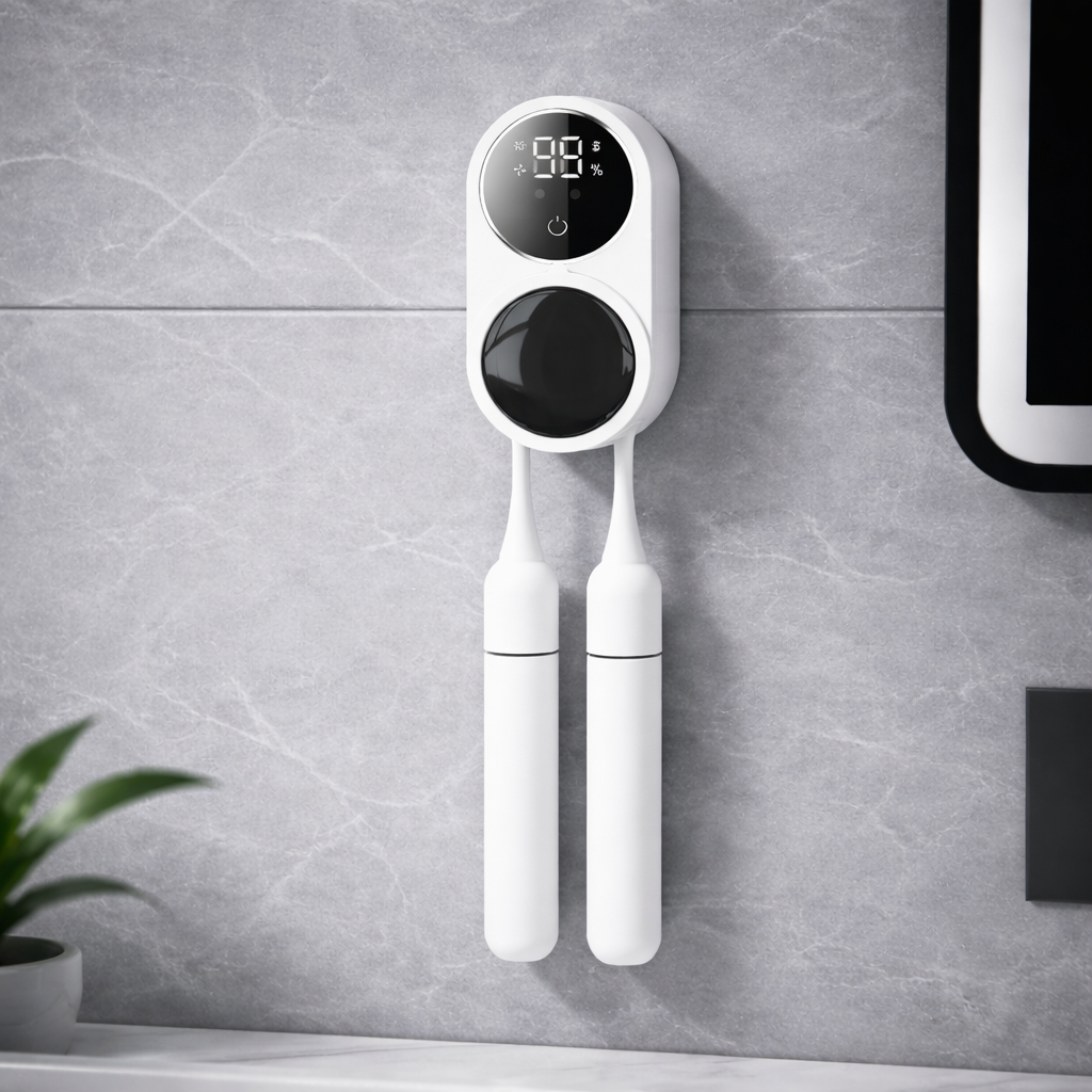 MeySteril™ UV Işıklı Duvara Monte Akıllı Diş Fırçası Sterilizatörü – Dijital Ekranlı ve Şarjlı Hijyen Cihazı